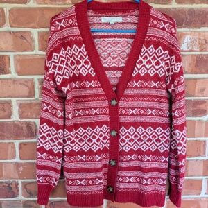 LOFT Red and White Patterned Cardigan